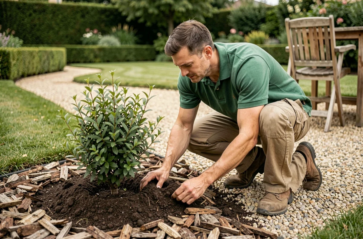 Jardinier paysagiste MarqJardin plantant un massif ornemental dans un jardin résidentiel