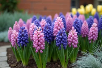 Massif de jacinthes orientalis violettes et roses associées à des tulipes jaunes et des graminées ornementales dans un jardin fleuri au printemps
