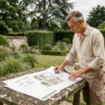 Paysagiste professionnel consultant des plans d'aménagement dans un jardin soigné des Hauts-de-Seine