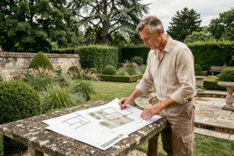 Paysagiste professionnel consultant des plans d'aménagement dans un jardin soigné des Hauts-de-Seine