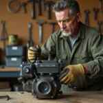 Mécanicien installant un ressort régulateur sur un moteur Briggs et Stratton dans un atelier de réparation