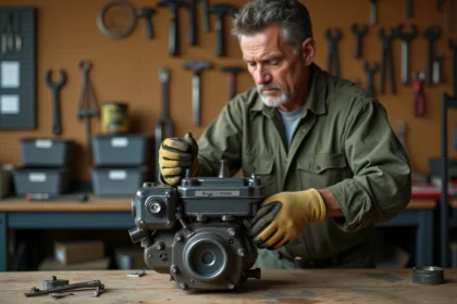 Mécanicien installant un ressort régulateur sur un moteur Briggs et Stratton dans un atelier de réparation