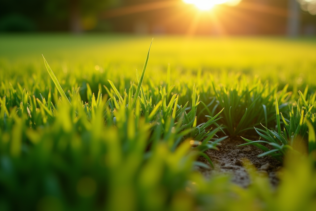 Gazon avec mauvaises herbes et herbe fraîchement coupée au lever du soleil