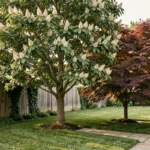 Mûrier platane associé à un érable du Japon et un cornouiller fleuri dans un jardin résidentiel bien entretenu