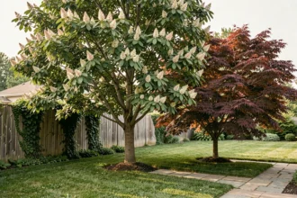 Mûrier platane associé à un érable du Japon et un cornouiller fleuri dans un jardin résidentiel bien entretenu