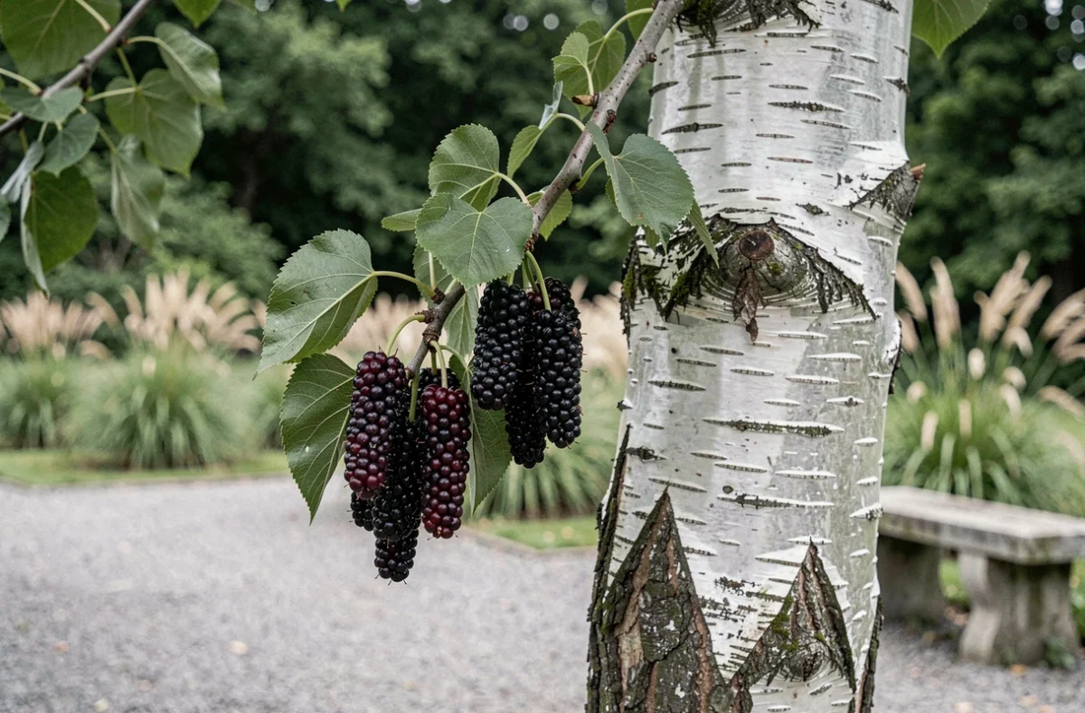 Branche de mûrier platane chargée de fruits mûrs en association avec un bouleau argenté dans un jardin botanique