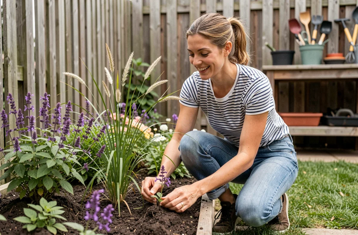 Paysagiste de My Garden plantant des vivaces colorées dans un jardin urbain français
