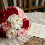 Bouquet d'œillets rouges, blancs et roses sur une table en bois avec une carte de condoléances manuscrite, symbolisant le deuil et la mémoire