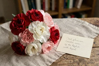 Bouquet d'œillets rouges, blancs et roses sur une table en bois avec une carte de condoléances manuscrite, symbolisant le deuil et la mémoire