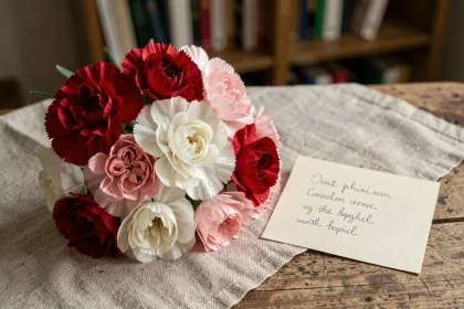 Bouquet d'œillets rouges, blancs et roses sur une table en bois avec une carte de condoléances manuscrite, symbolisant le deuil et la mémoire
