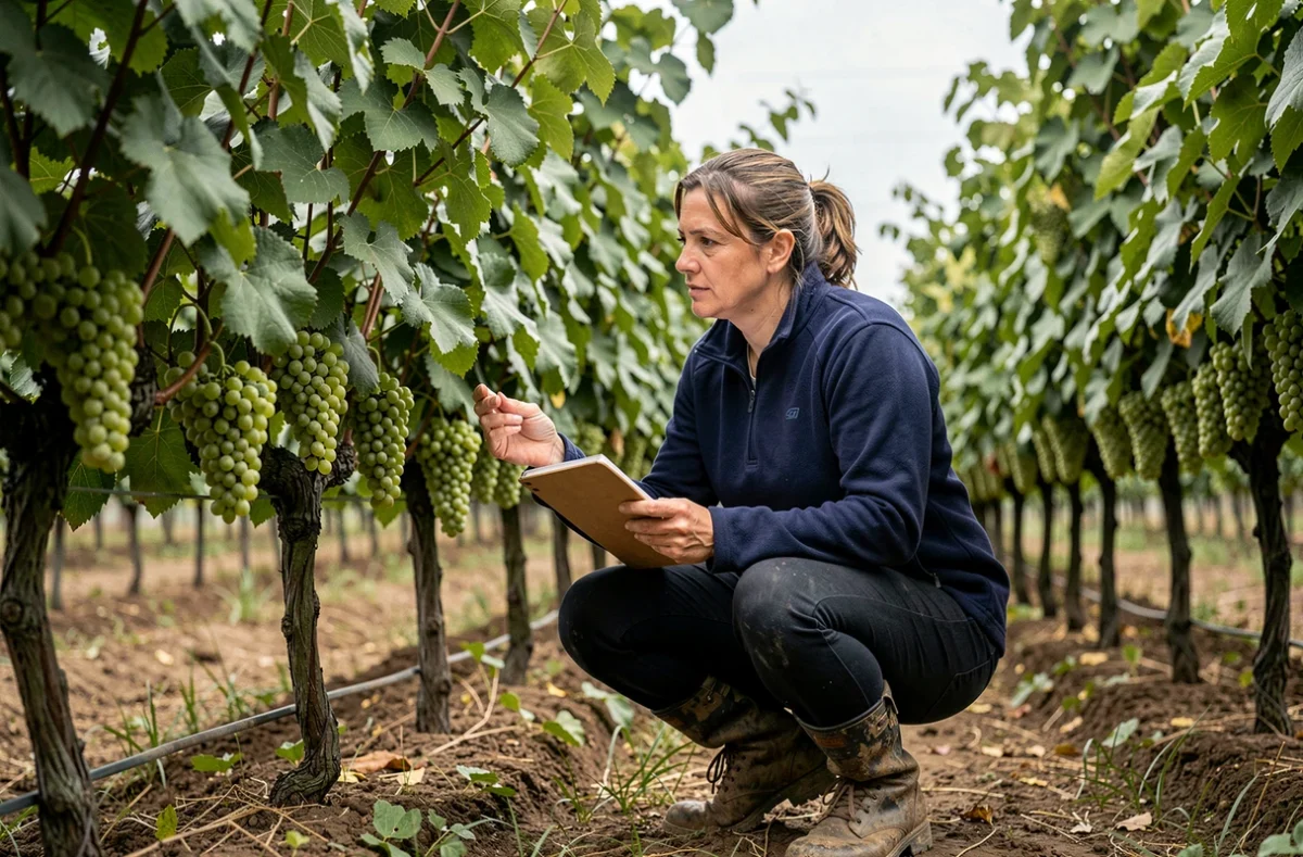 Oenologue évaluant la charge en grappes d'une vigne en plein été pour équilibrer le rendement