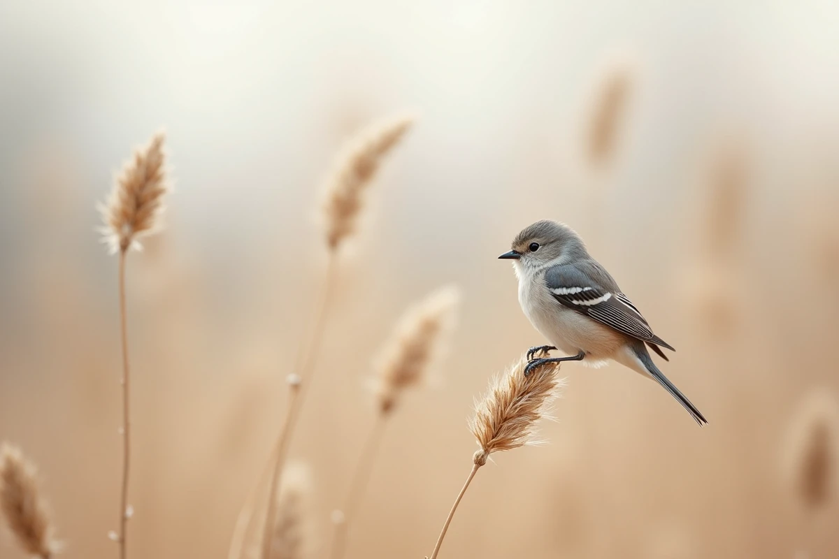 Petit oiseau gris accroché à une tige de graminée sèche dans une prairie hivernale aux herbes dorées