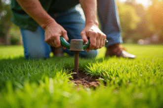 Jardinier utilisant un aérateur manuel sur une pelouse verte
