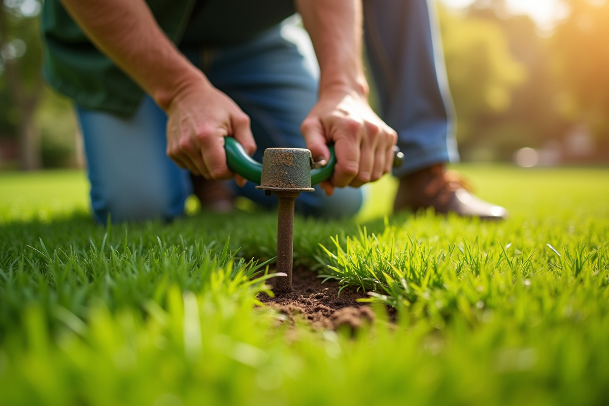 Jardinier utilisant un aérateur manuel sur une pelouse verte