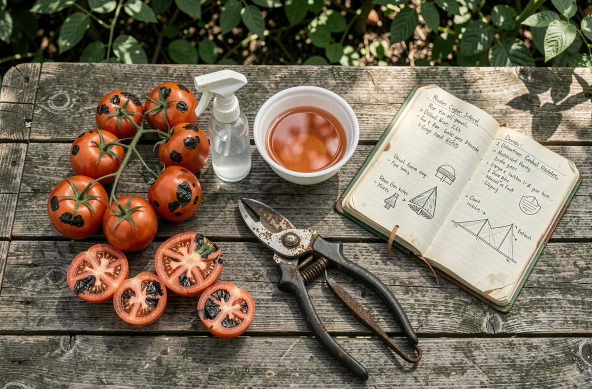 Table en bois avec des tomates tachées et des outils de traitement comme pulvérisateur et sécateur pour lutter contre les maladies fongiques