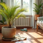 Palmier d'intérieur aux feuilles jaunes posé dans un pot en céramique avec excès d'eau visible dans la soucoupe