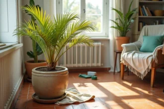 Palmier d'intérieur aux feuilles jaunes posé dans un pot en céramique avec excès d'eau visible dans la soucoupe