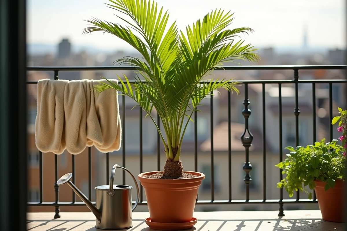 Palmier rempotté en bonne santé sur un balcon avec terreau drainant, perlite et arrosoir pour corriger l'excès d'eau