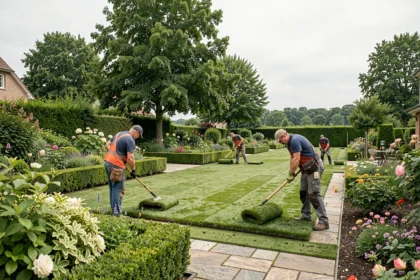 Équipe de paysagistes professionnels aménageant un grand jardin résidentiel dans le Val-d'Oise