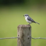 Petit oiseau gris et blanc perché sur un piquet de clôture en bois dans la campagne française