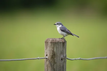 Petit oiseau gris et blanc perché sur un piquet de clôture en bois dans la campagne française