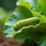 Petite chenille verte sur feuille de chou avec dégâts de morsures dans un potager