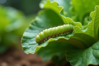 Petite chenille verte sur feuille de chou avec dégâts de morsures dans un potager