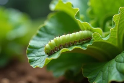 Petite chenille verte sur feuille de chou avec dégâts de morsures dans un potager