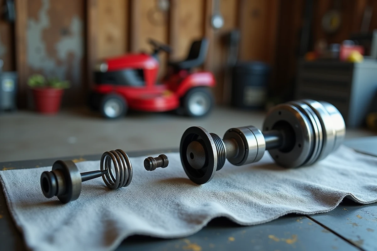 Pièces détachées du régulateur moteur Briggs et Stratton disposées sur un établi pour le montage du ressort