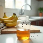 Piège à moucherons fait maison dans un bocal en verre avec du vinaigre de cidre sur un plan de travail de cuisine moderne