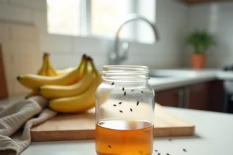 Piège à moucherons fait maison dans un bocal en verre avec du vinaigre de cidre sur un plan de travail de cuisine moderne