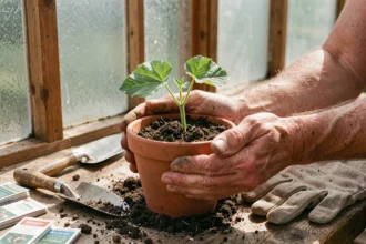 Jeune plant de melon bio en pot terracotta tenu par des mains de jardinier dans une serre en bois