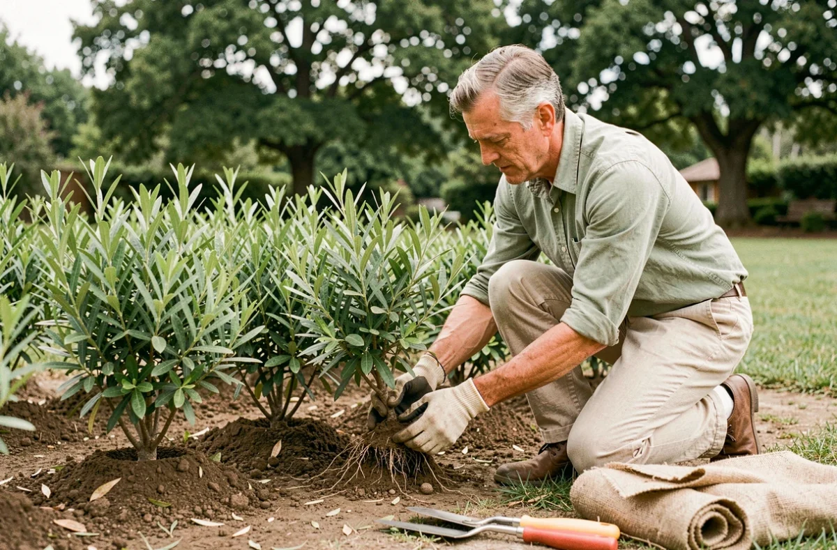Jardinier plantant une rangée de jeunes Pittosporum Kohuhu pour créer une haie brise-vue