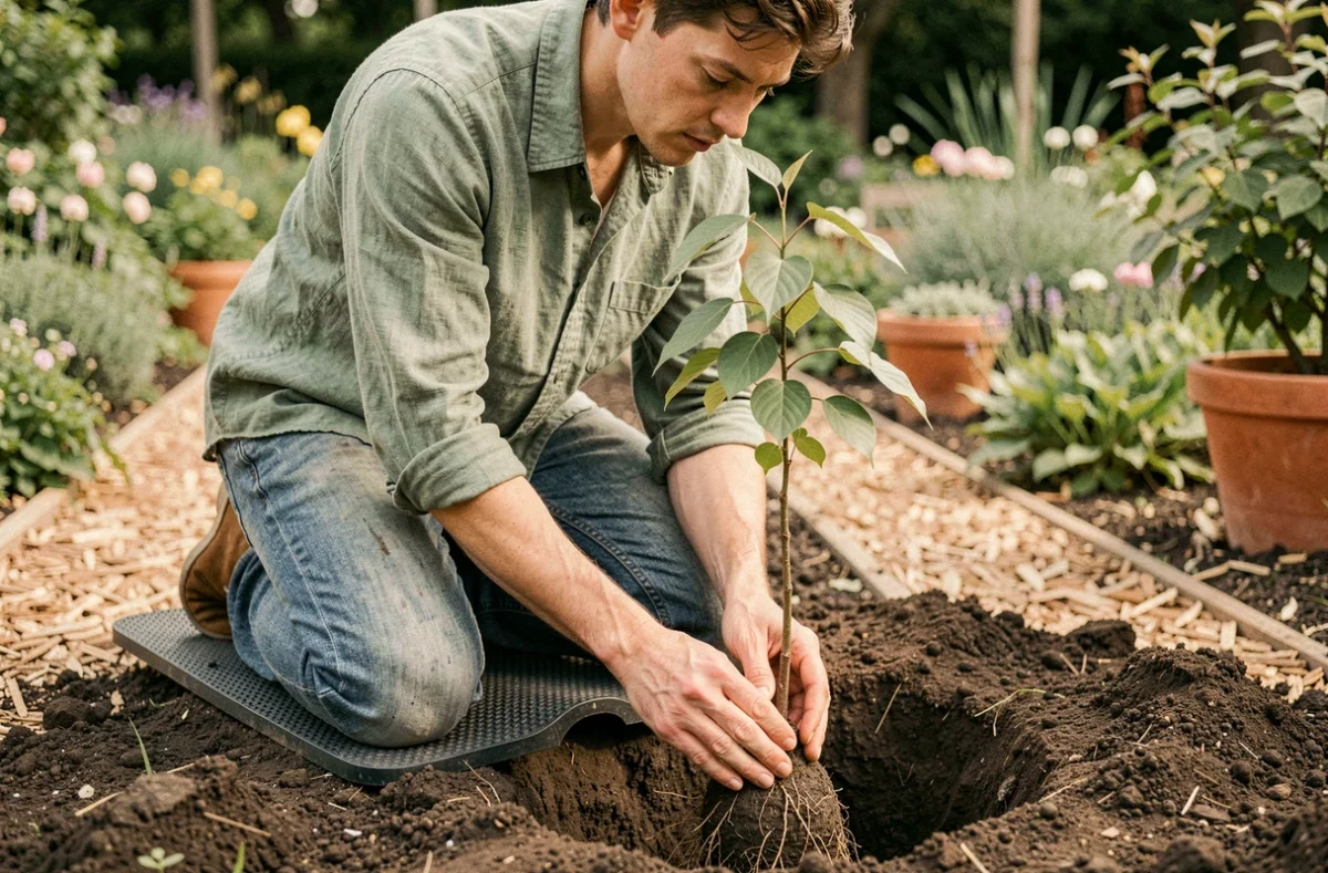 Plantation d'un jeune lilas du Japon en pleine terre, personne agenouillée positionnant la motte dans un trou de plantation