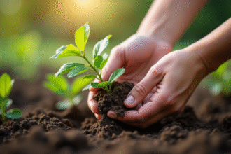 Mains de jardinier plantant un lilas dans la terre