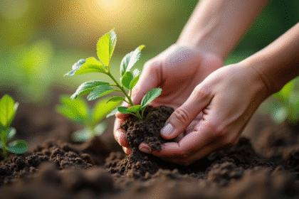 Mains de jardinier plantant un lilas dans la terre