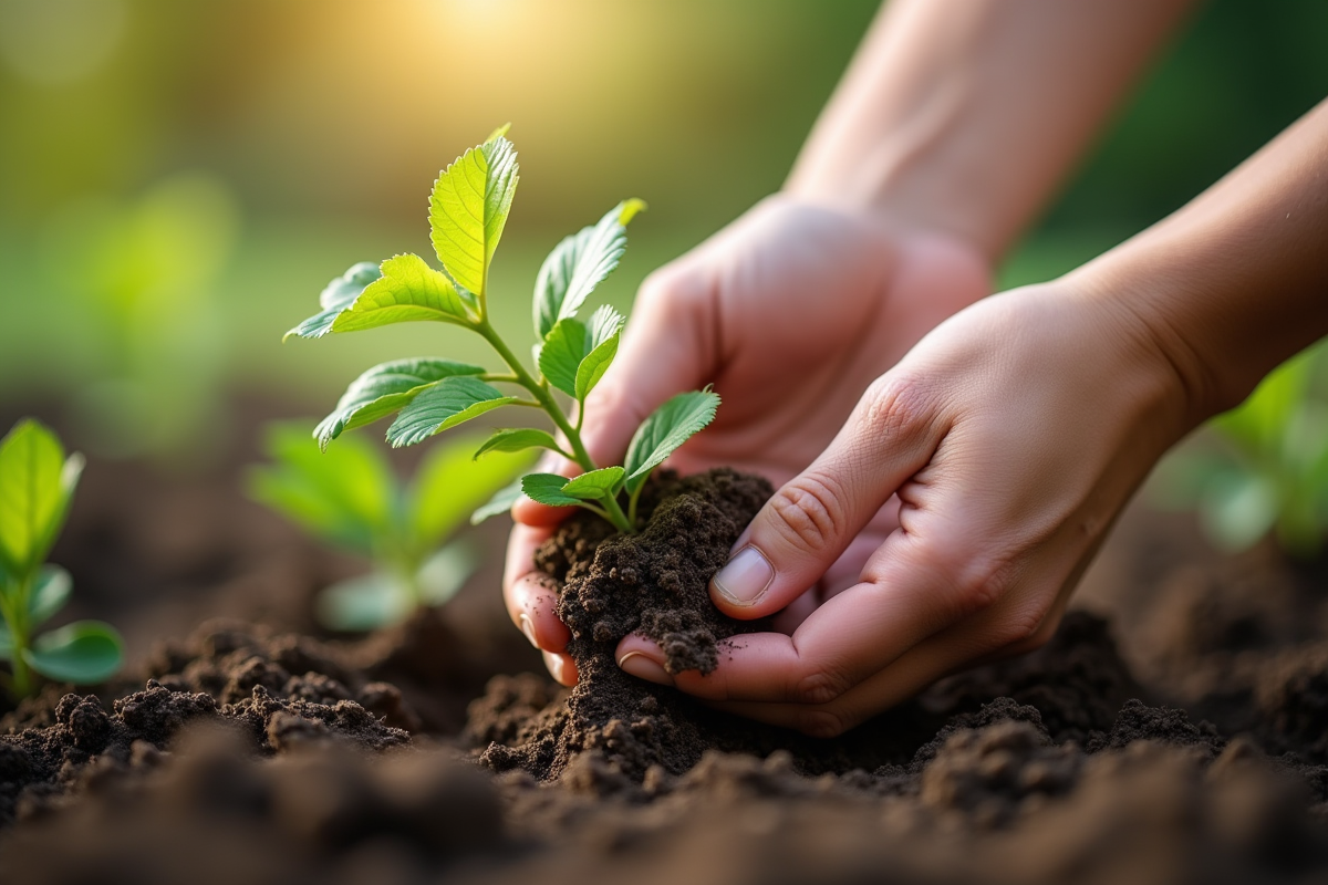 Mains de jardinier plantant un lilas dans la terre