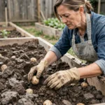 Femme plantant des pommes de terre dans un sol argileux lourd dans un potager rustique