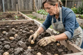 Femme plantant des pommes de terre dans un sol argileux lourd dans un potager rustique