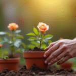Main plantant une rose dans un pot en terre cuite