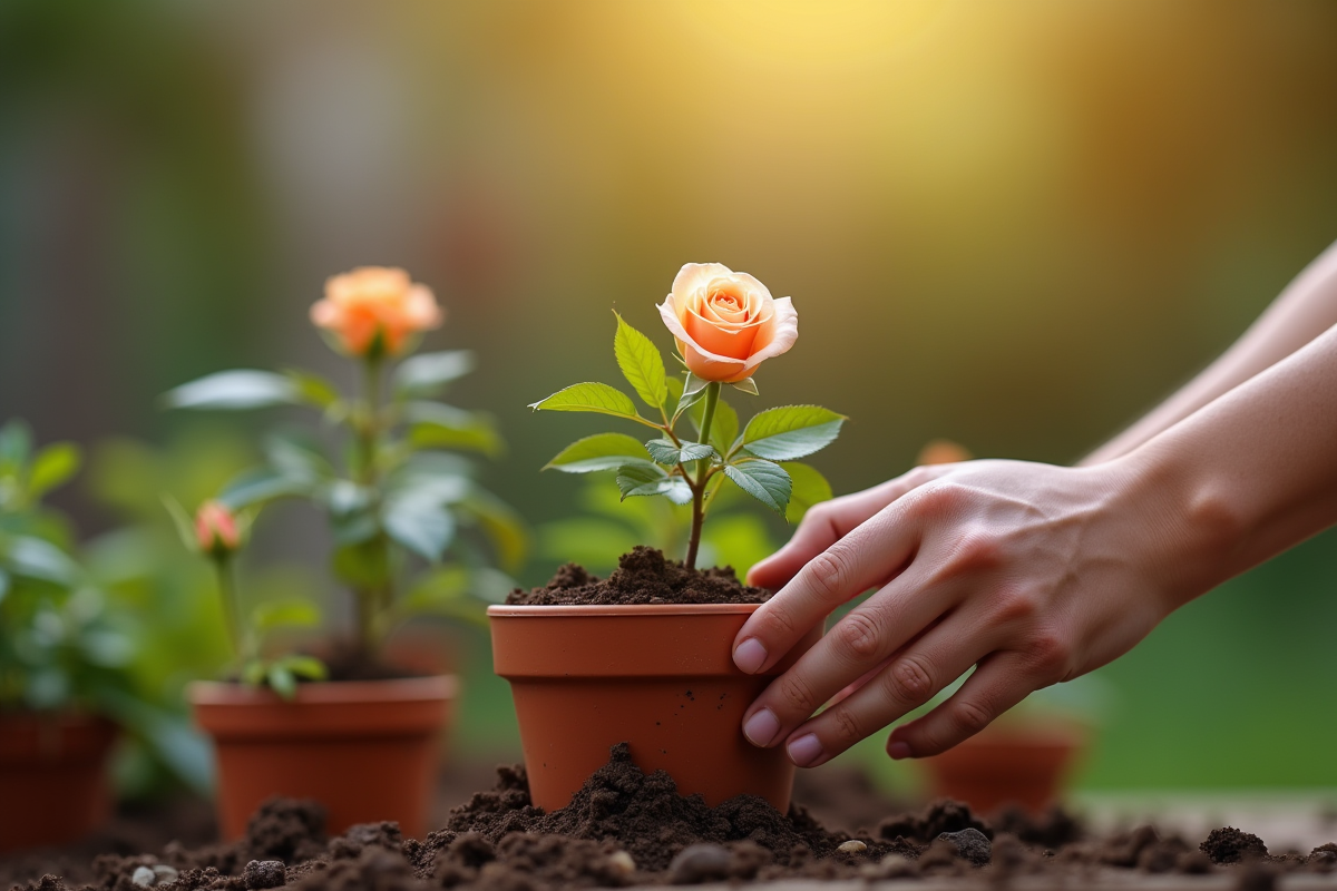 Main plantant une rose dans un pot en terre cuite