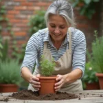 Femme replantant du thym dans un pot en terre cuite sur un balcon de petit jardin urbain