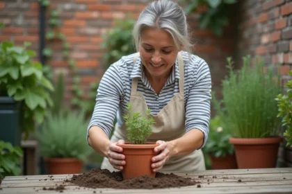 Femme replantant du thym dans un pot en terre cuite sur un balcon de petit jardin urbain