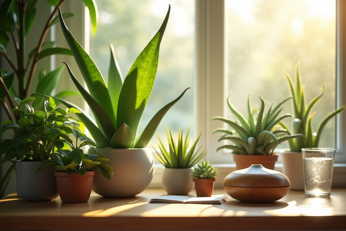 Arrangement de plantes d interieur sur un bureau en bois avec lumière matinale