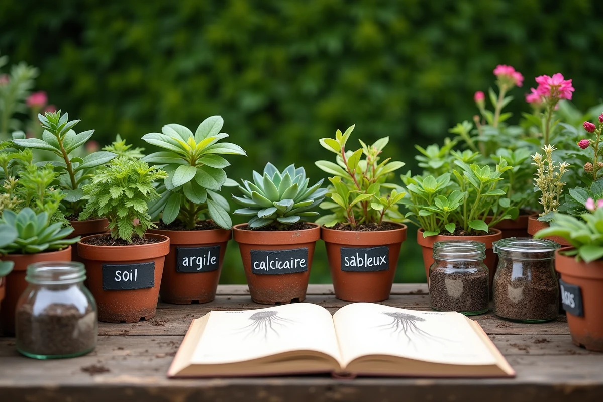 Sélection de plantes en pot avec étiquettes de type de sol et échantillons de terre sur une table en bois