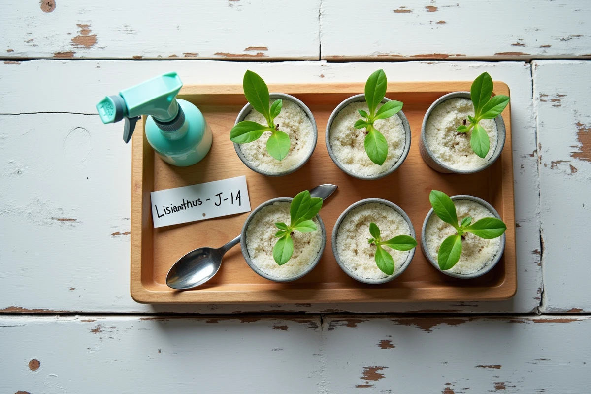 Vue du dessus de semis de lisianthus en germination avec étiquette manuscrite et vaporisateur