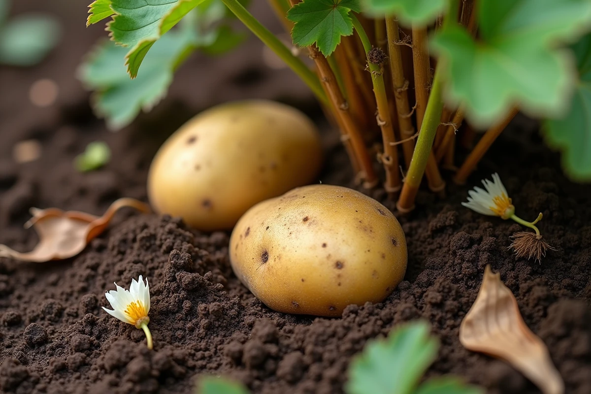 Gros plan sur des pommes de terre exposées dans la terre après floraison et fanaison de la plante