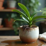 Orchidée en pot avec racines gorgées d'eau et feuilles jaunies dues à un excès d'arrosage