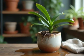 Orchidée en pot avec racines gorgées d'eau et feuilles jaunies dues à un excès d'arrosage