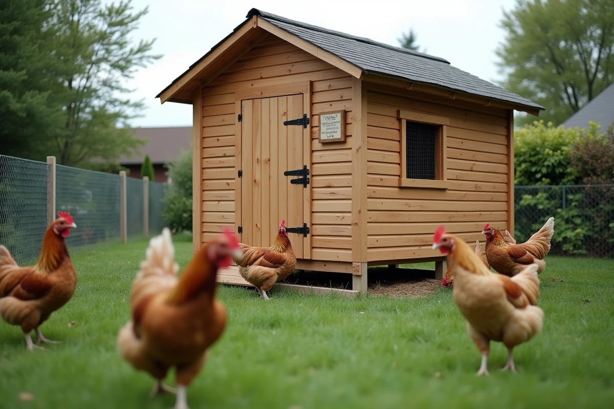 Poulailler en bois dans un jardin de maison individuelle avec poules en liberté illustrant la réglementation fiscale